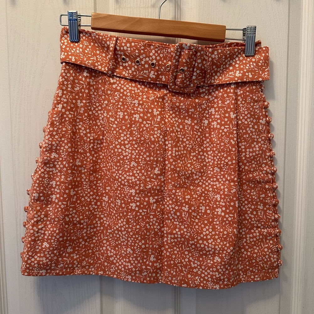 Sabo Skirt Rust Orange Floral Mini Skirt with Belt